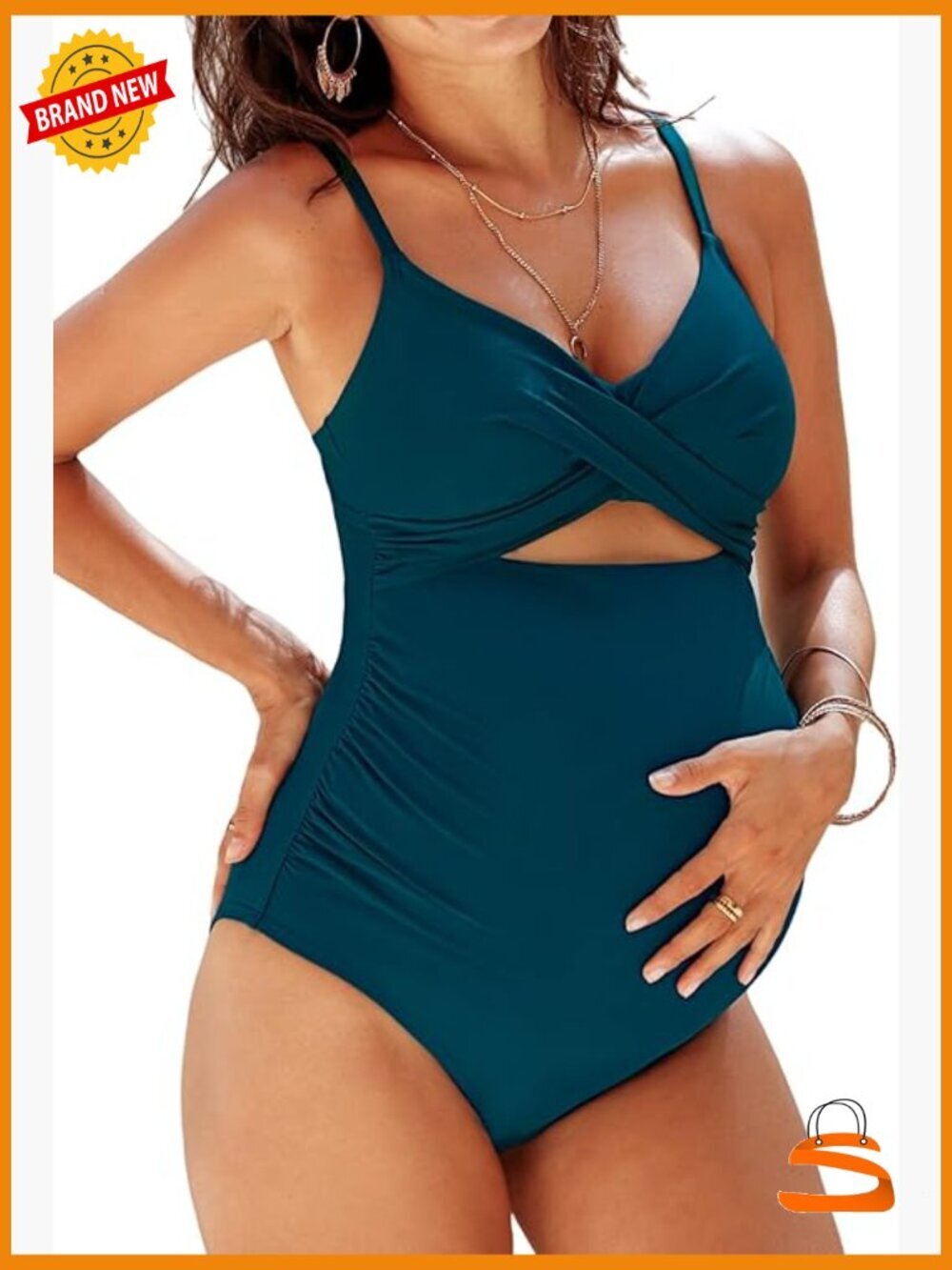 Navy Blue Maternity One Piece Swimsuit Wrap Front Ruched Cutout